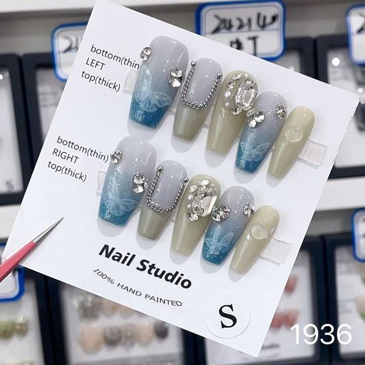 1936# blue gradient chain press on nails